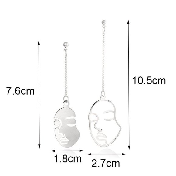 NEW Unique Abstract Hallow Face Asymmetric Stud Chain Drop Dangle Earring SILVER - Picture 5 of 8